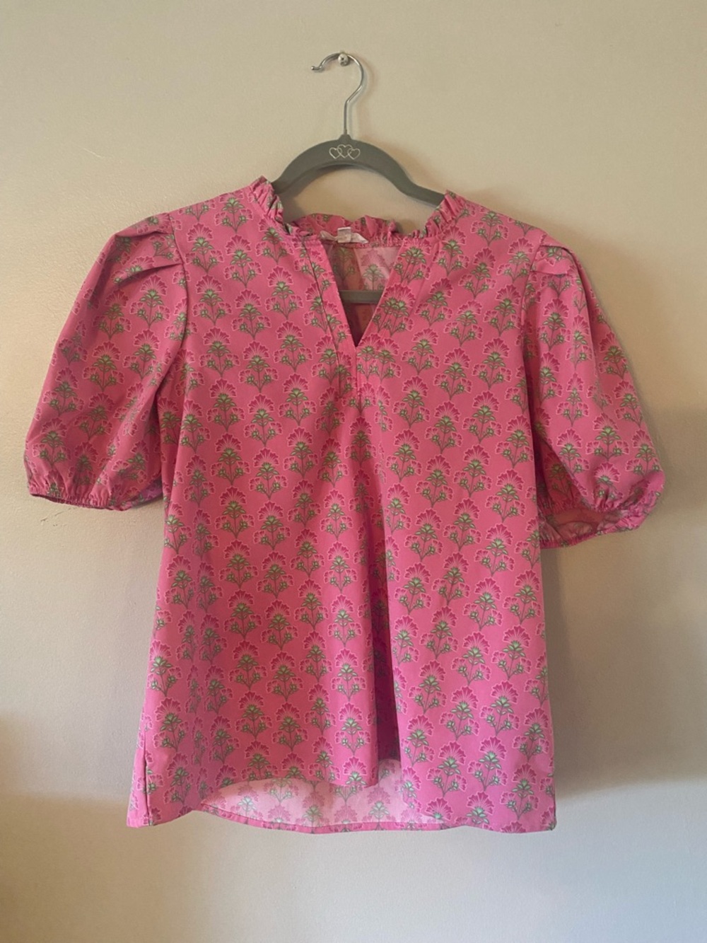 Pink Floral Notch-Neck Puff Sleeve Blouse